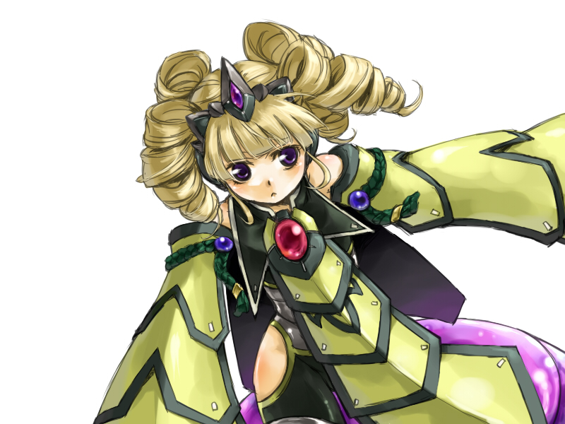 :<, aikana, blonde_hair, corundum, detached_sleeves, drill_hair, frown, hairband