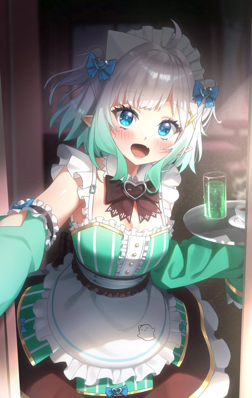 1girl, :d, absurdres, apron, black_bow, black_bowtie, blue_bow, blue_eyes