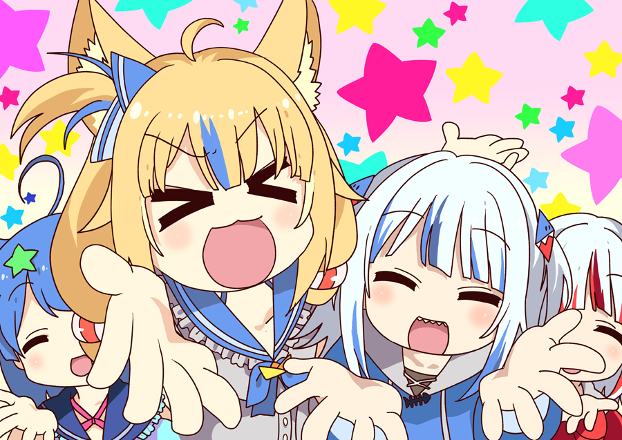 4girls, ahoge, animal_ear_fluff, animal_ears, animal_hood, blonde_hair, blue_hair, blue_hoodie