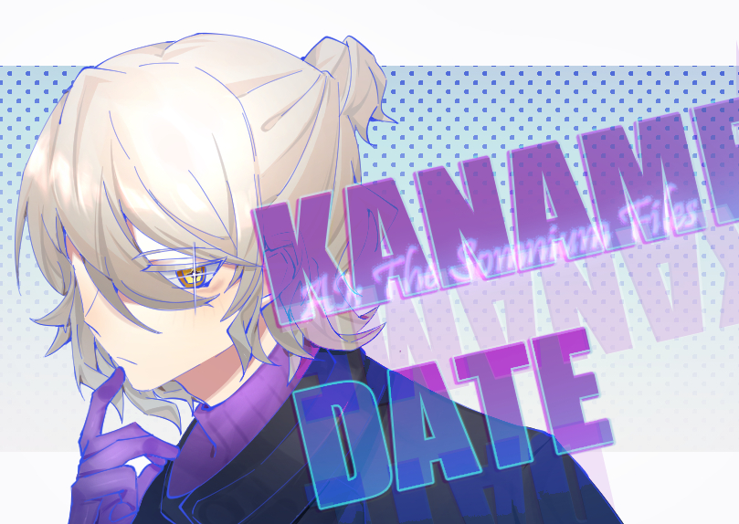 1boy, ai_the_somnium_files, artificial_eye, black_jacket, blonde_hair, character_name, date_kaname, glint, gloves, half_updo, jacket, looking_at_viewer, lxnlxn, male_focus, medium_hair, purple_gloves, purple_sweater, ribbed_sweater, sidelocks, solo, sweater, turtleneck, turtleneck_sweater, yellow_eyes