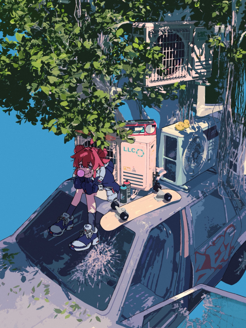 1girl, blowing_bubble_gum, blue_archive, blue_background, blue_eyes, blue_hoodie, boombox, braid