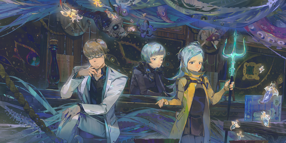 1boy, 2girls, ai_the_somnium_files, black_dress, black_shirt, blue_hair, blue_jacket, cafe