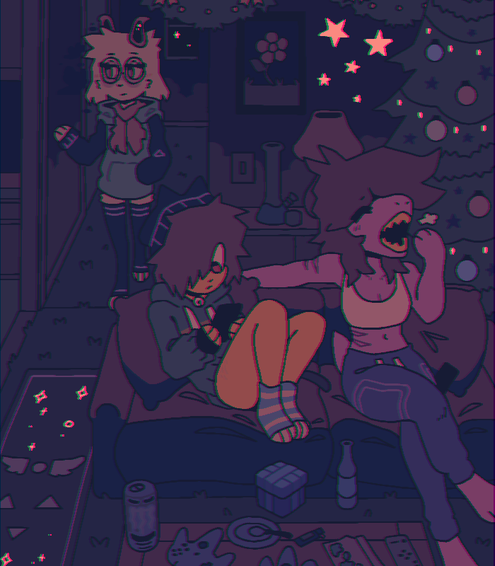 brown_hair, christmas_tree, chromatic_aberration, deceased_bunny_(artist), deltarune, gamecube_controller, glasses, kris_(deltarune)
