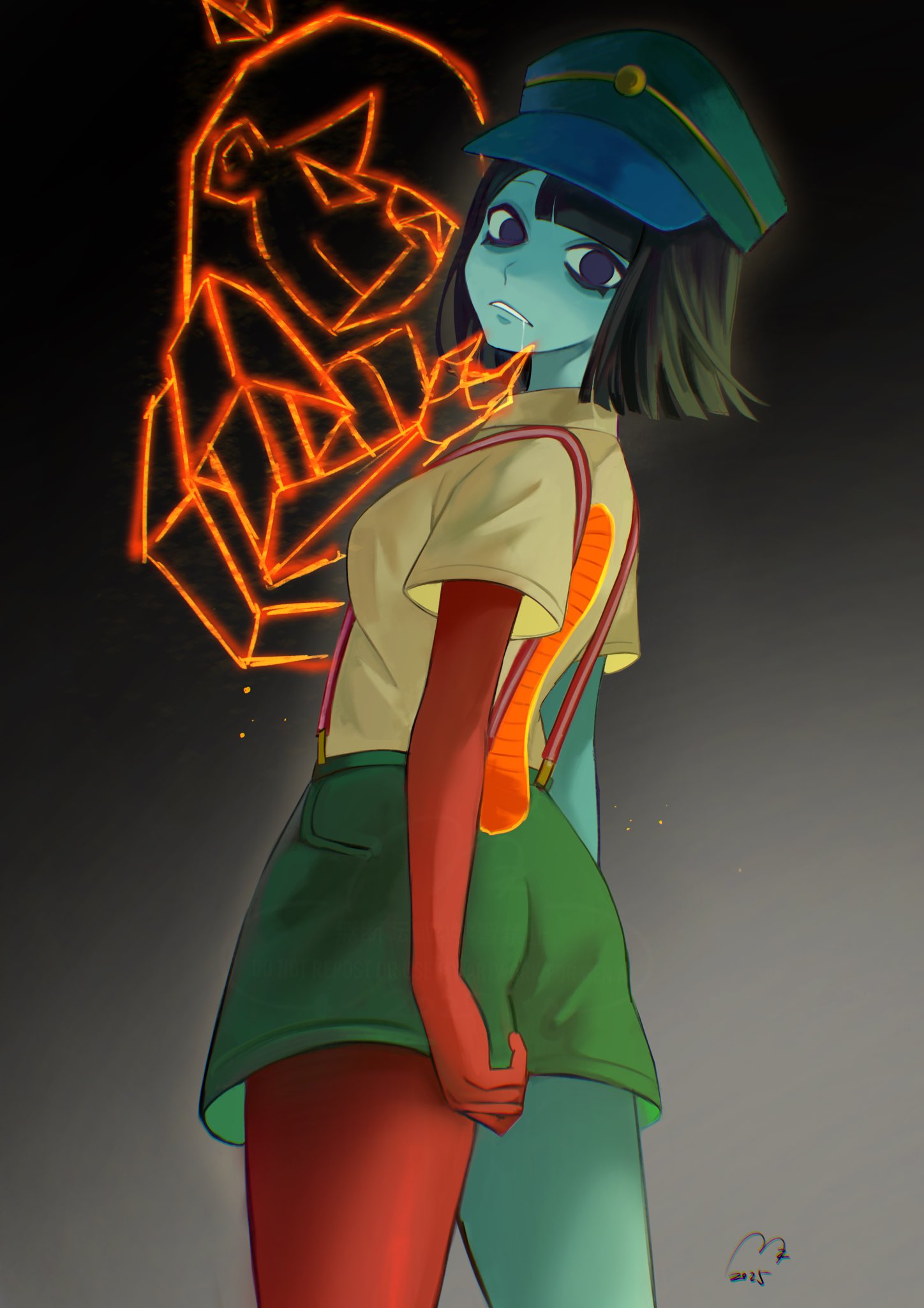 2girls, black_hair, blue_skin, blunt_bangs, blunt_ends, bob_cut, colored_skin, ena:_dream_bbq