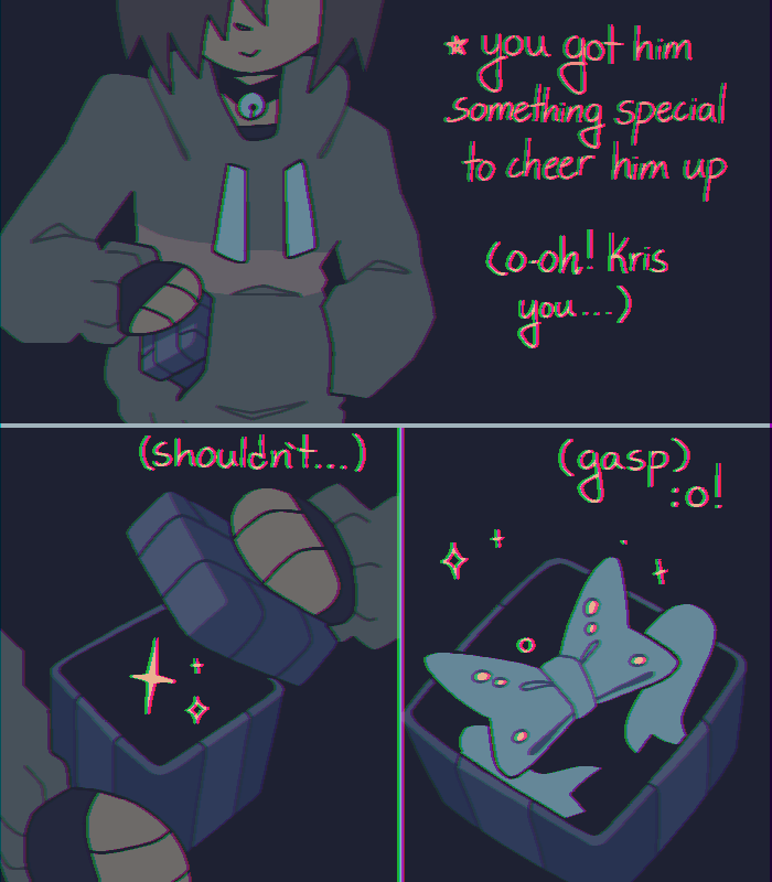 act_button, bell_collar, brown_hair, chromatic_aberration, deceased_bunny_(artist), deltarune, eyes_out_of_frame, kris_(deltarune), present, ribbon, soul_(deltarune), sweater