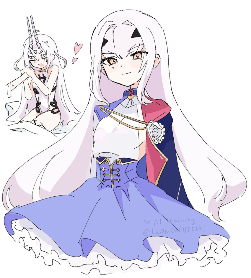 1girl, aiguillette, bare_shoulders, blue_cape, blue_dress, breasts, cape, dragon_horns