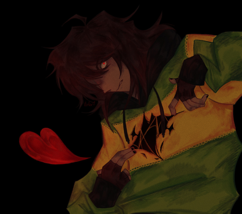 black_background, black_hoodie, black_nails, clenched_teeth, deltarune, fingerless_gloves, gloves, hbrtus, heart, hole_in_chest, hole_on_body, hood, hoodie, kris_(deltarune), looking_at_viewer, messy_hair, nail_polish, one_eye_covered, parted_lips, red_eyes, soul_(deltarune), sweater, teeth, torn_clothes, torn_sweater, upper_body