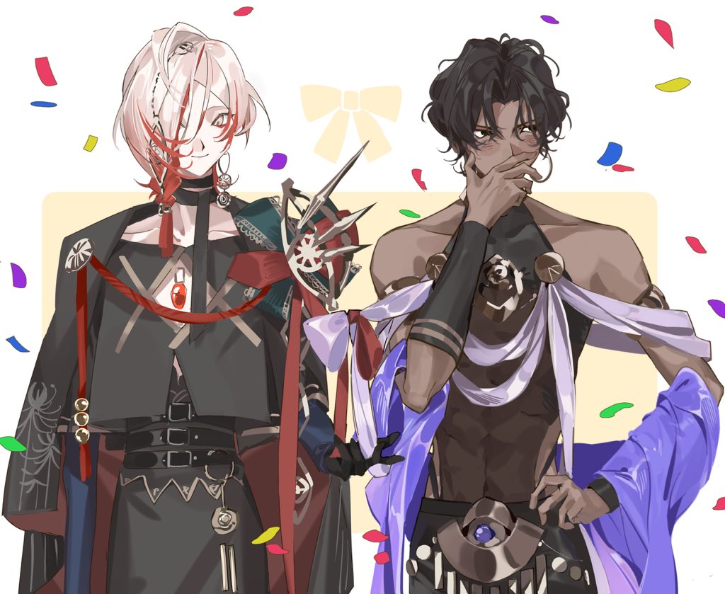 2boys, arjuna_(fgo_fes._2025)_(fate), belly_chain, bishounen, black_eyes, black_gloves, black_hair, blush