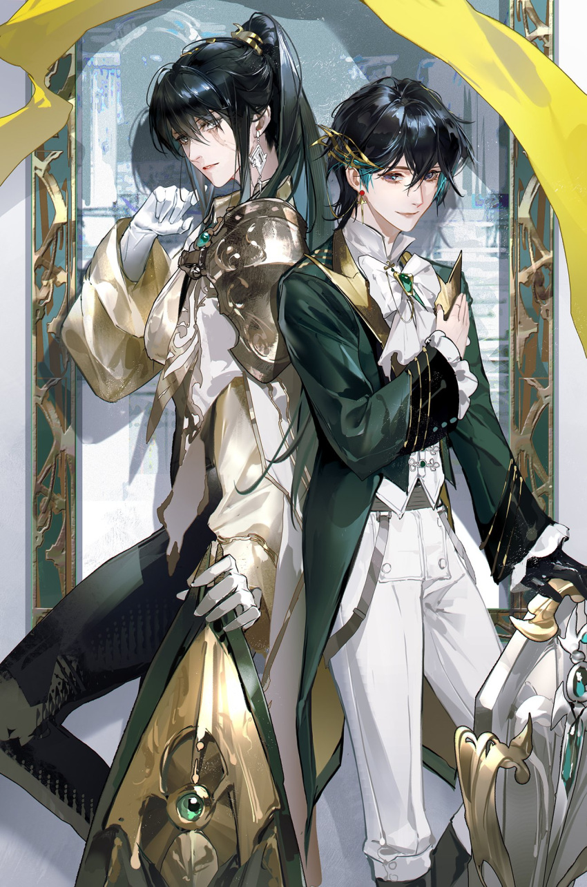 2girls, black_hair, black_pants, cinnabar_(path_to_nowhere), contrapposto, cowboy_shot, gloves, hand_on_own_chest