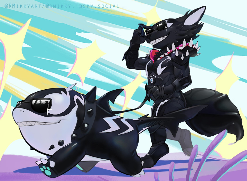 2boys, animal_ears, artist_name, bluesky_username, claws, collar, diffraction_spikes, english_commentary, fangs, fins, fish_tail, furry, furry_male, grin, guardians_of_the_galaxy, highres, holding, holding_leash, jeff_the_land_shark, jeff_the_land_shark_(devouring_duo), leash, looking_to_the_side, male_focus, marvel, marvel_rivals, multiple_boys, pawpads, r.mikky, raccoon_boy, raccoon_ears, raccoon_tail, rocket_raccoon, rocket_raccoon_(symbiote_raccoon), shark, shark_fin, shark_tail, smile, spiked_collar, spikes, sunglasses, symbiote, tail, tongue, twitter_username, walking