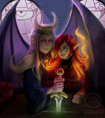 anime_coloring, castle, couple, demon, lavleyart, lowres, lumina, magic