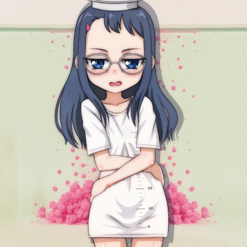 1girl, black_hair, blue_eyes, blush, crossed_arms, glasses, graduated_cylinder_girl, hair_ornament