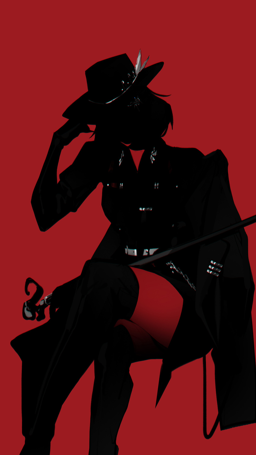 1girl, adjusting_clothes, adjusting_headwear, cane, cowboy_shot, faceless, faceless_female, hat_feather