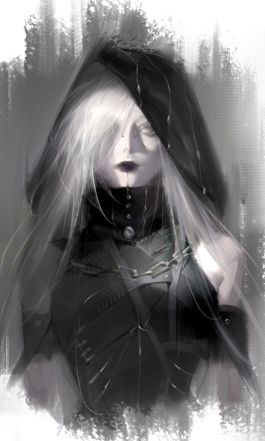 1girl, bare_shoulders, black_lips, bright_pupils, chain, expressionless, hair_over_one_eye, highres, hood, hood_up, long_hair, nox_(path_to_nowhere), path_to_nowhere, piercing, sleeptight, solo, upper_body, white_hair, white_pupils