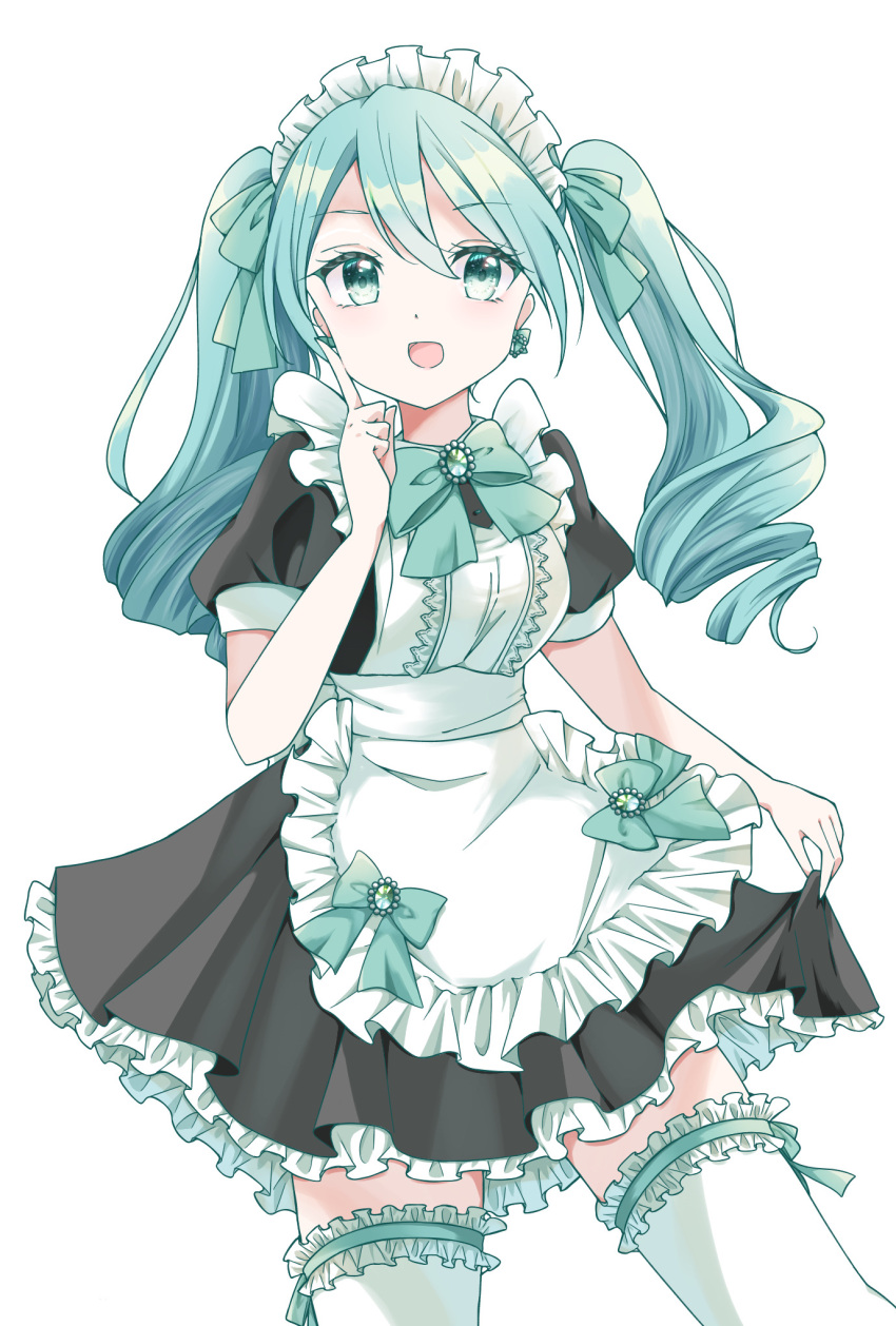 1girl, alternate_costume, alternate_hairstyle, apron, aqua_bow, aqua_eyes, aqua_hair, blush