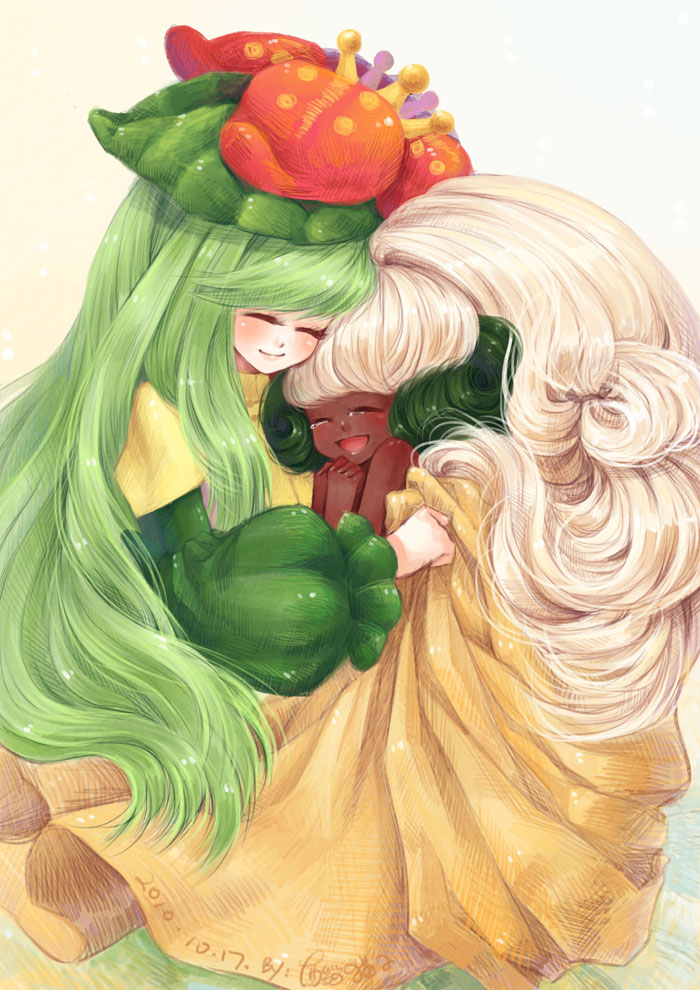 closed_eyes, costume, dark_skin, eyes_closed, flower, green_hair, hair_flower, hair_ornament
