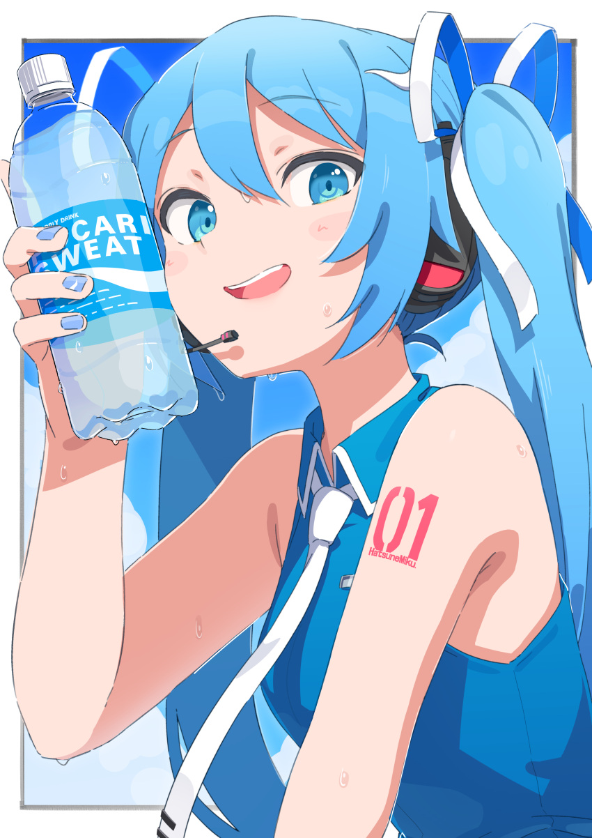 1girl, absurdres, blue_eyes, blue_hair, blue_nails, blue_shirt, bottle, breasts
