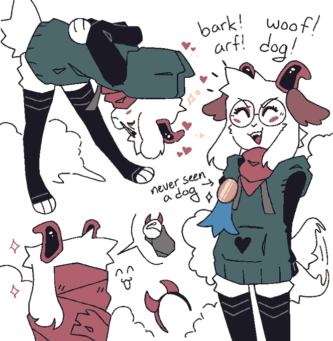 blush, bowing_head, burrito, deceased_bunny_(artist), deltarune, dog_ears, hearts, hoodie, medal, ralsei, tail_wagging, thigh-highs, wrapped_in_scarf