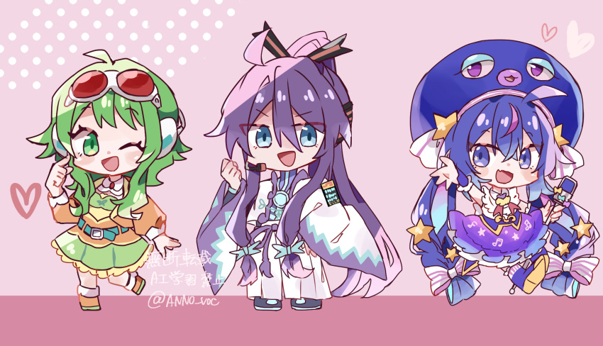 1boy, 2girls, ahoge, anno_voc, belt, blue_belt, blue_eyes, blue_hair