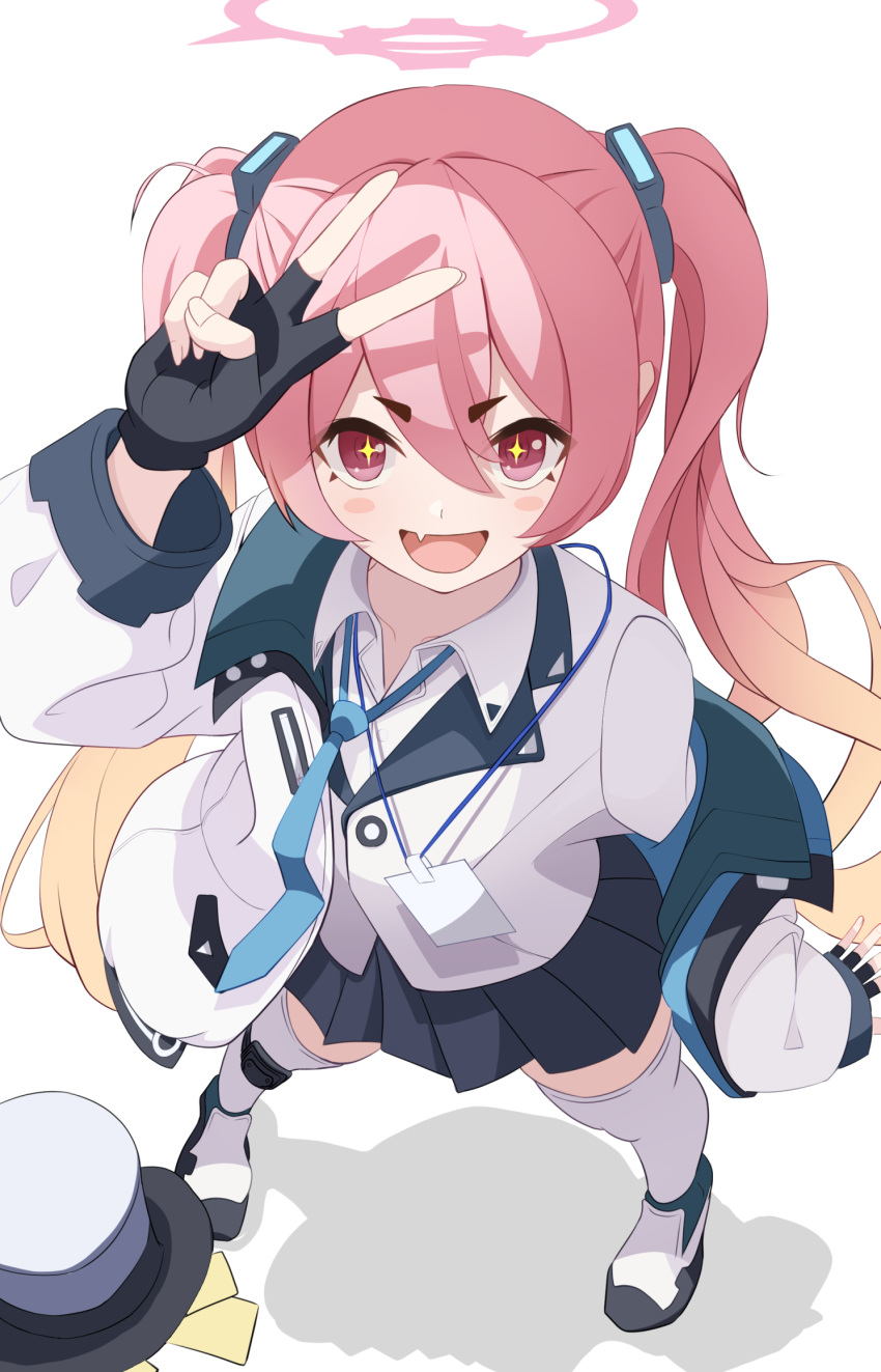 1girl, black_gloves, black_skirt, blue_archive, commentary, fang, fingerless_gloves, from_above