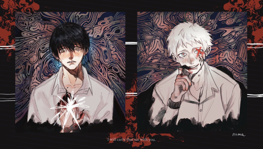 2boys, black_hair, body_horror, collared_shirt, commentary, english_text, finger_to_mouth, hair_between_eyes