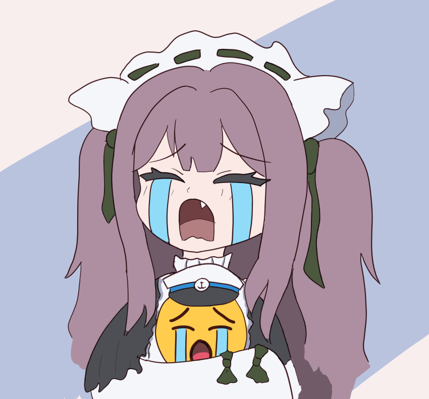 1girl, azur_lane, crying_emoji, cunny_(meme), emoji, green_ribbon, highres, maid, meme, purple_hair, ribbon, rk_mittlemer, simple_background, sleeves_past_fingers, sleeves_past_wrists, t_t, uohhhhhhhhh!_(meme), vittorio_cuniberti_(azur_lane)