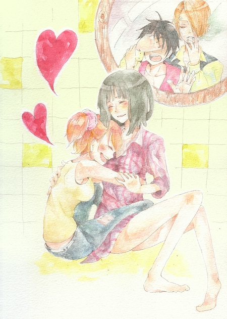 blush, covering, covering_eyes, covering_face, happy, heart, hug, monkey_d_luffy