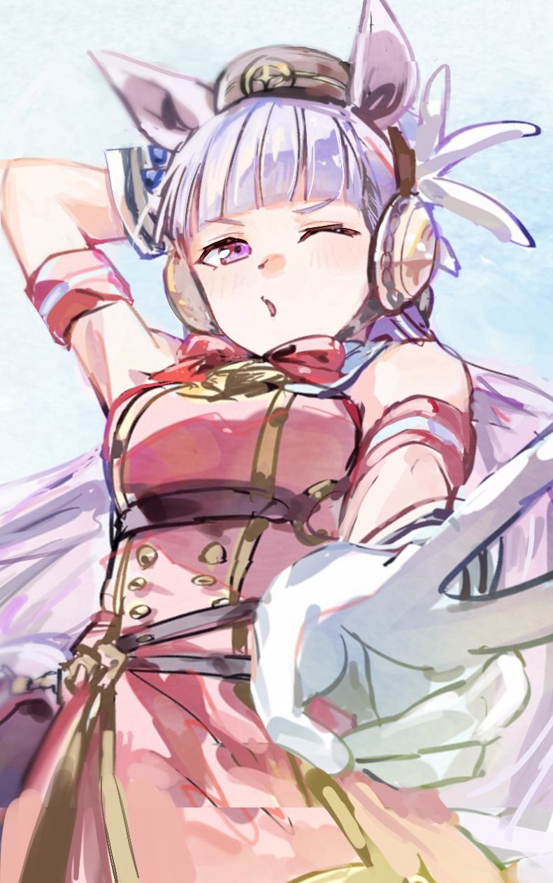 1girl, animal_ears, arm_behind_head, armband, belt, belt_pouch, black_hat, bow