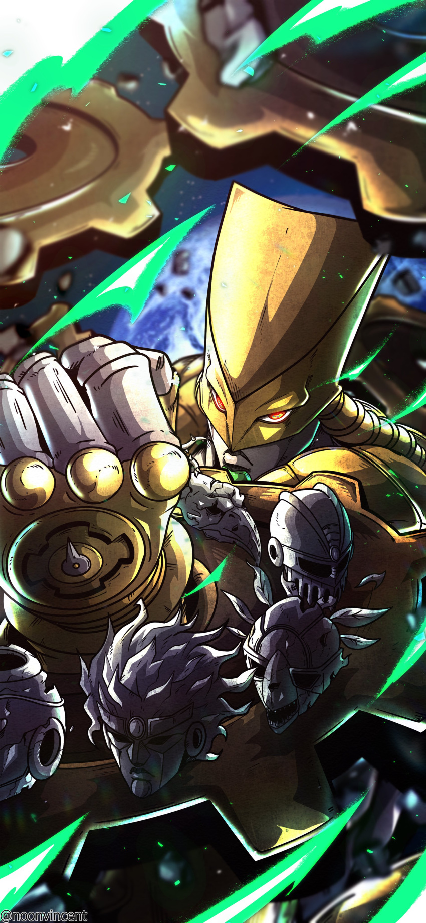 6+others, absurdres, armor, colored_skin, english_commentary, fingerless_gloves, gears, gloves, grey_skin, helmet, hierophant_green, highres, jojo_no_kimyou_na_bouken, long_hair, looking_at_viewer, magician's_red, messy_hair, multiple_others, no_humans, noonvincent, orange_eyes, other_focus, robot, silver_chariot, stand_(jojo), star_platinum, stardust_crusaders, statue, the_fool_(stand), the_world, tube, yellow_armor, yellow_gloves, yellow_helmet