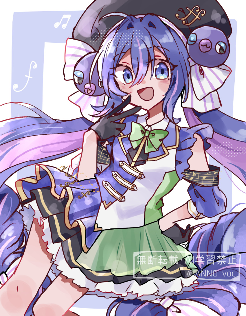 1girl, anno_voc, black_gloves, black_hat, blue_eyes, blue_hair, blush, bow