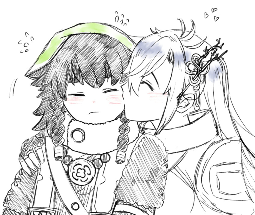 2girls, ainu_clothes, black_hair, blush, braid, closed_eyes, hair_ornament, headscarf