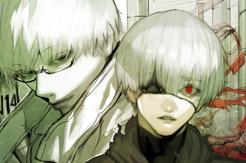 arima_kishou, black_hood, black_shirt, closed_mouth, coat, eyepatch, glasses, grey_coat