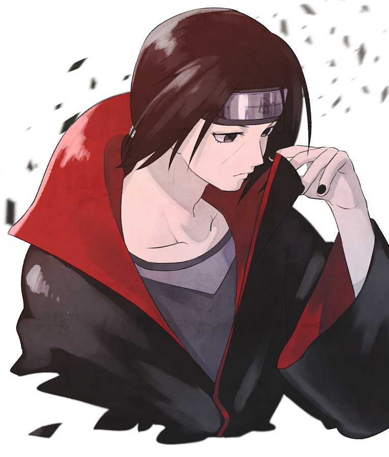 1boy, akatsuki_uniform, black_hair, black_nails, collarbone, color1242, forehead_protector, male_focus, medium_hair, naruto_(series), ponytail, solo, uchiha_itachi, upper_body