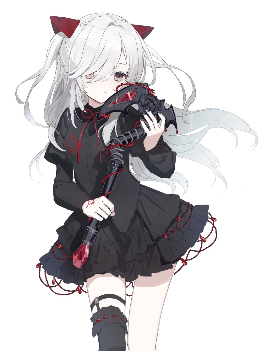 1girl, axe, black_dress, black_eyes, black_thighhighs, black_vest, dress, hair_over_one_eye