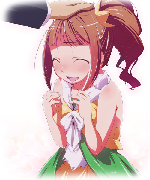 :d, bare_shoulders, brown_hair, closed_eyes, dress, eyes_closed, hand_on_head, hand_over_head