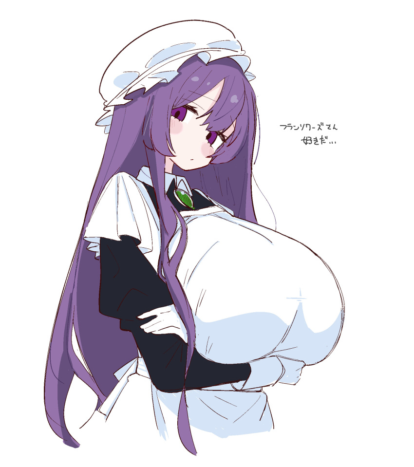 1girl, apron, arms_under_breasts, black_dress, blush, borrowed_character, breasts, brooch