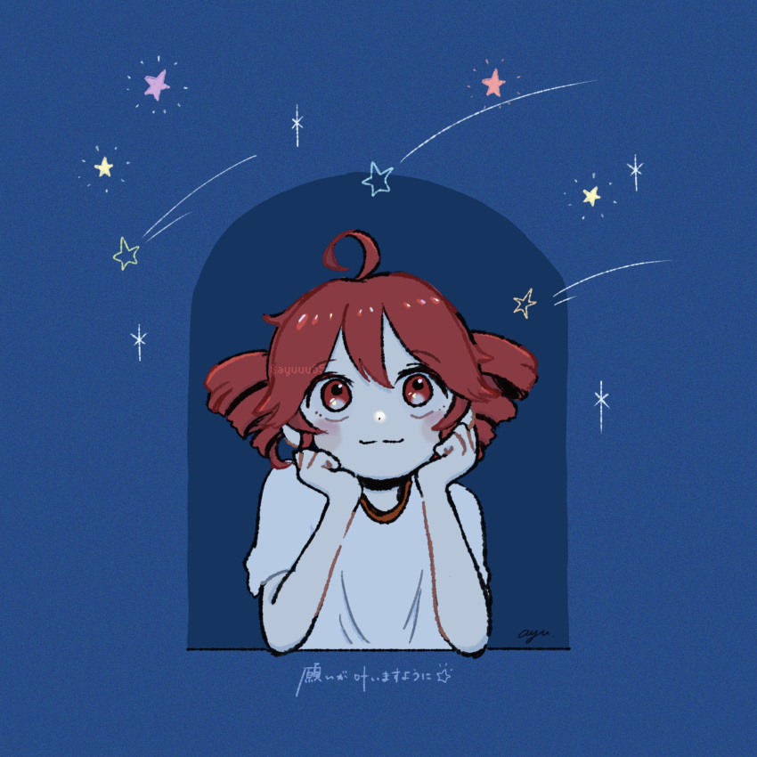 1girl, ahoge, ayuuu65, blue_background, blush_stickers, closed_mouth, commentary, dot_nose, drill_hair, film_grain, hashtag-only_commentary, highres, kasane_teto, kasane_teto_(utau), looking_outside, looking_up, red_eyes, red_hair, shirt, shooting_star, signature, smile, solo, sparkle, symbol-only_commentary, translated, twin_drills, twintails, twitter_username, upper_body, utau, white_shirt, wide-eyed, window