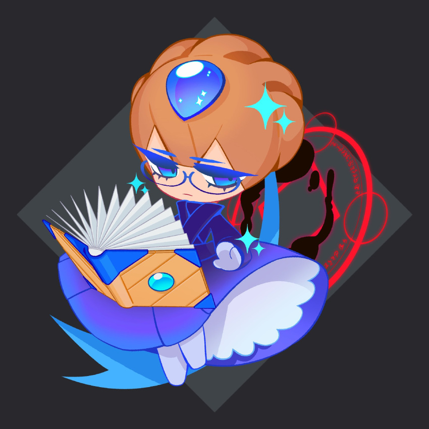 1girl, blue-framed_eyewear, blue_dress, blue_eyes, blueberry_pie_cookie, book, brown_hair, chibi