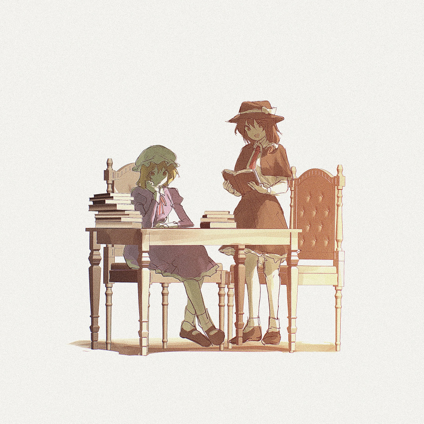 2girls, :o, absurdres, black_capelet, black_shoes, black_skirt, blonde_hair, book, book_stack, brown_hair, capelet, circle_yomado, dress, full_body, hat, head_rest, highres, holding, holding_book, long_sleeves, looking_at_viewer, maribel_hearn, medium_hair, mob_cap, multiple_girls, necktie, open_book, open_mouth, purple_dress, red_necktie, shirt, shoes, simple_background, sitting, skirt, smile, socks, standing, table, touhou, usami_renko, white_background, white_shirt, white_socks