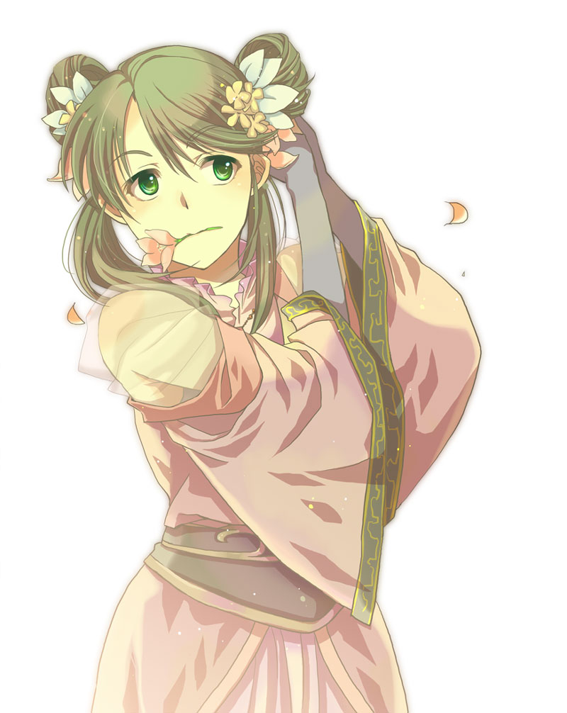 flower, fuyou-hime, green_eyes, green_hair, hair_flower, hair_ornament, mouth_hold, sangoku_rensenki, yoshitaka_nakano