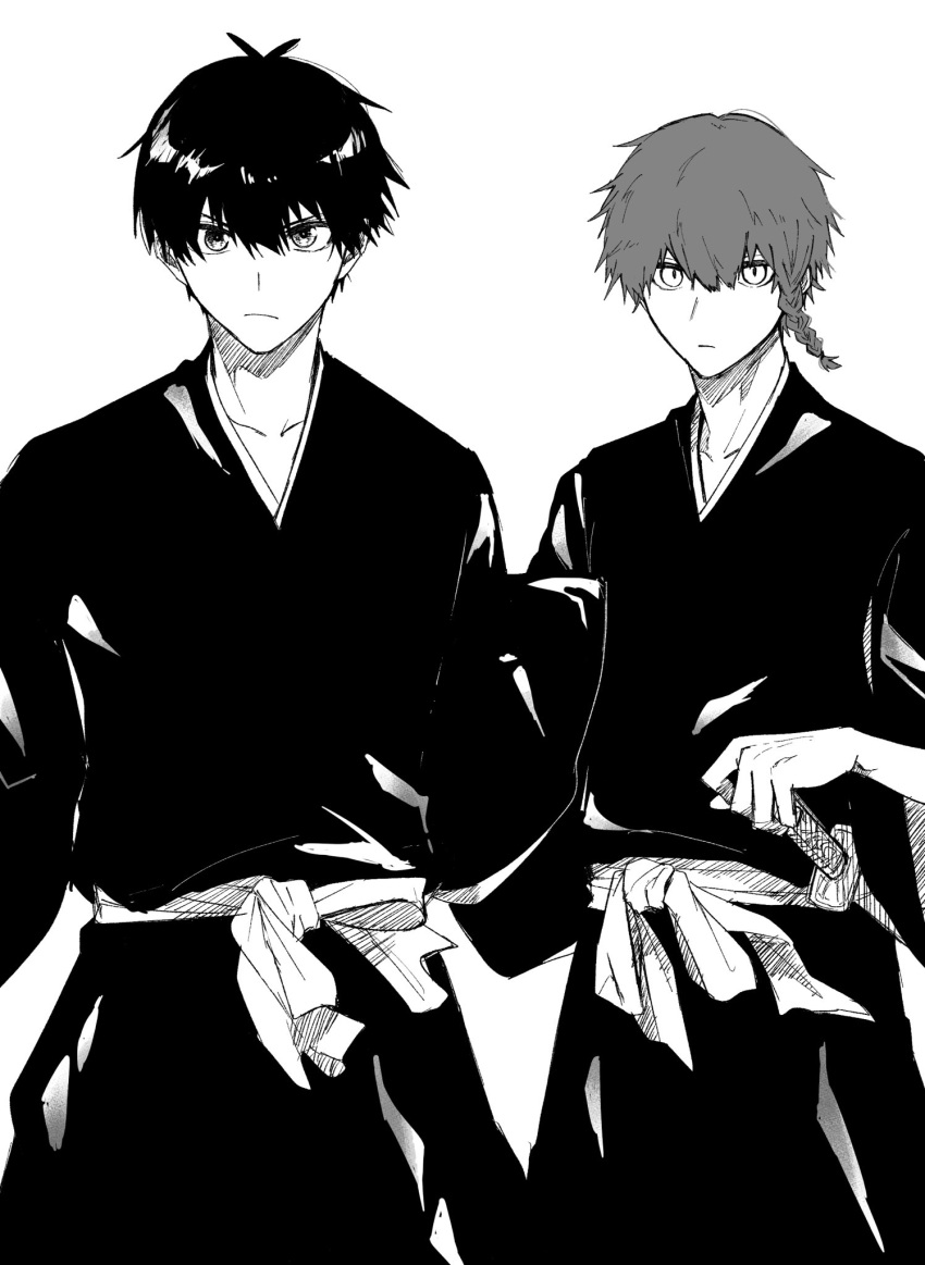 2boys, alternate_costume, blue_lock, braid, closed_mouth, clothing_request, commentary_request, cosplay