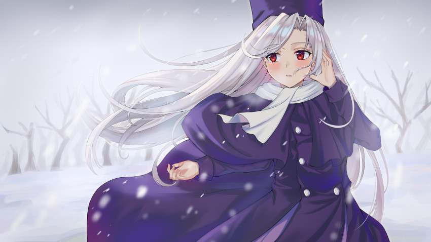 1girl, absurdres, blurry, blurry_background, coat, commentary, english_commentary, fate/stay_night