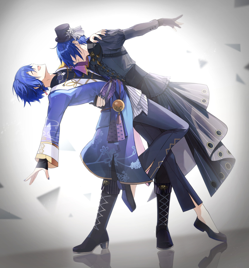 25-ji_kaito, 2boys, absurdres, black_boots, black_gloves, black_hat, black_overskirt, black_pants