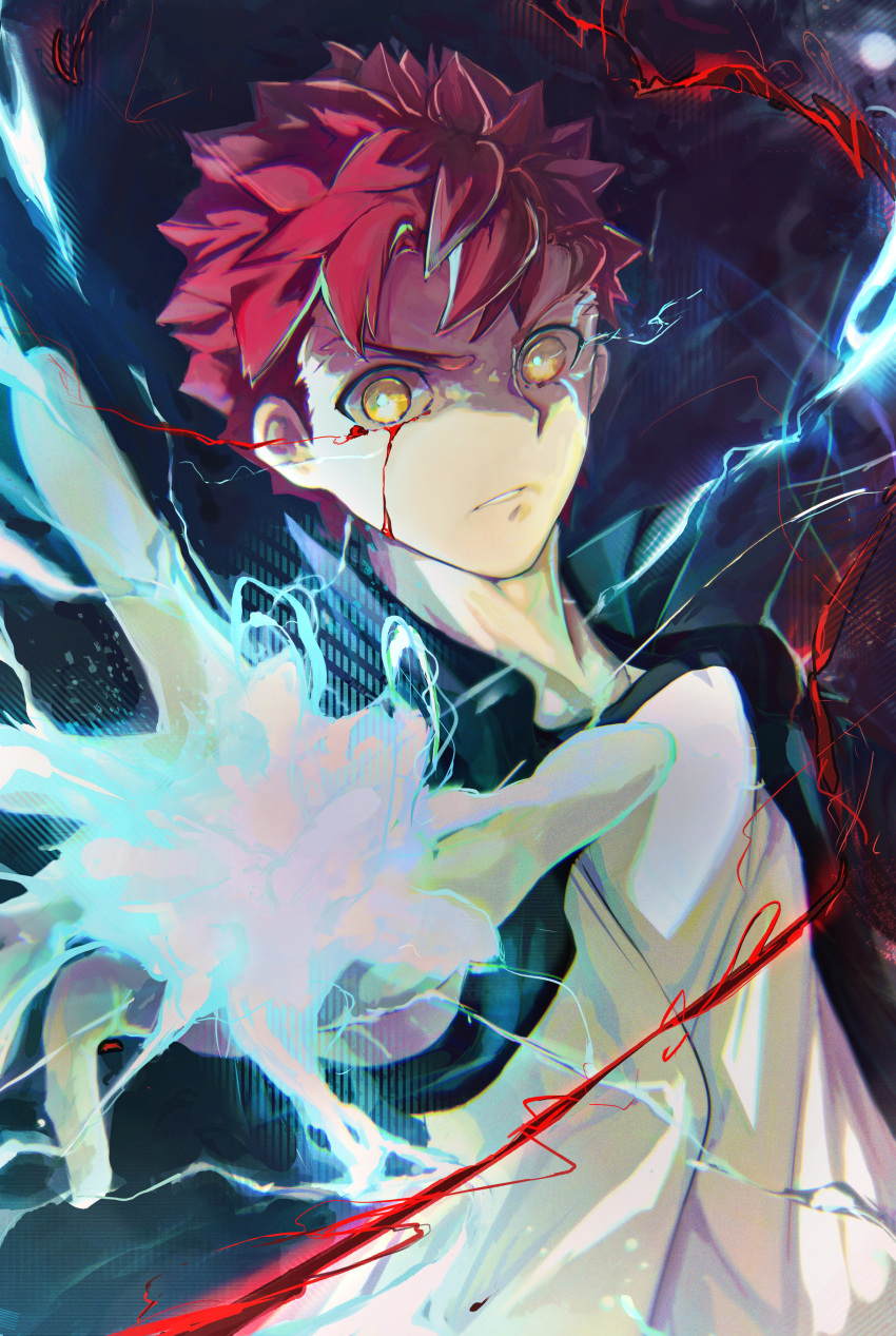 1boy, absurdres, bleeding, blood, blood_on_face, commentary_request, emiya_shirou, fate/stay_night