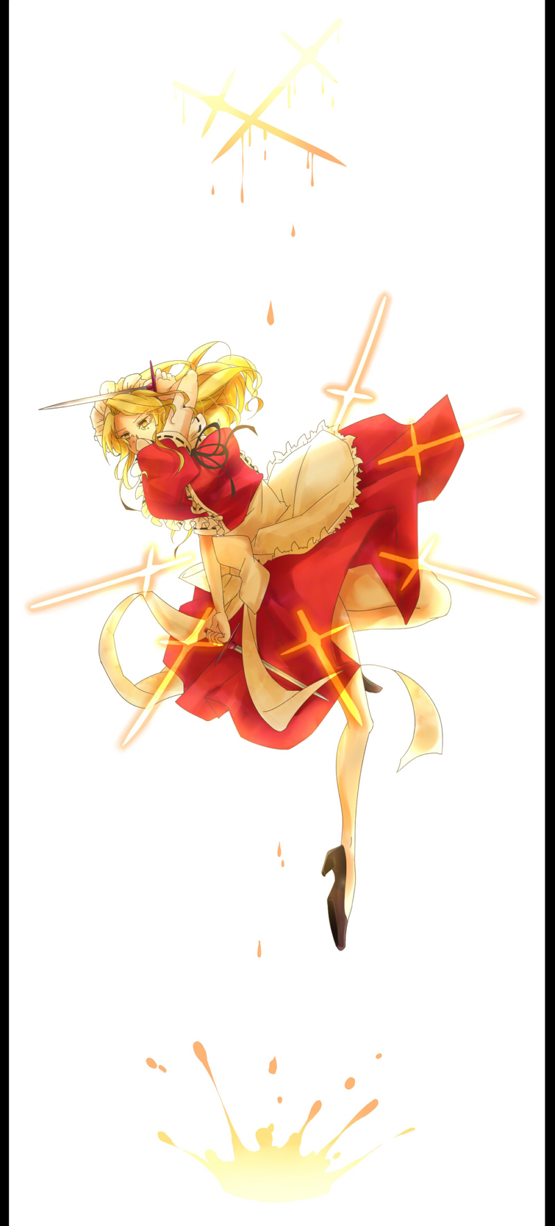 apron, bad_id, blonde_hair, bow, danmaku, dual_wielding, frills, high_heels
