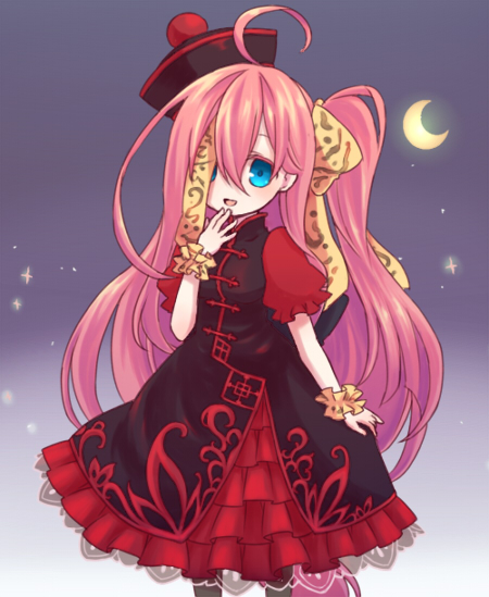 1girl, ahoge, blue_eyes, bow, chinese_clothes, dress, emil_chronicle_online, frilled_dress
