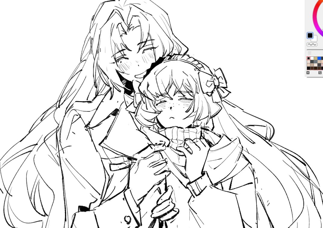 2girls, bow, closed_eyes, closed_mouth, coat, freckles, greyscale, hair_bow