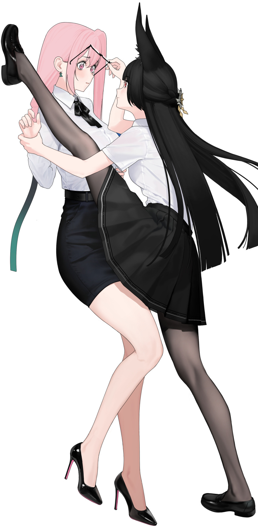 2girls, absurdres, animal_ear_fluff, animal_ears, assertive_female, belt, black-framed_eyewear, black_belt