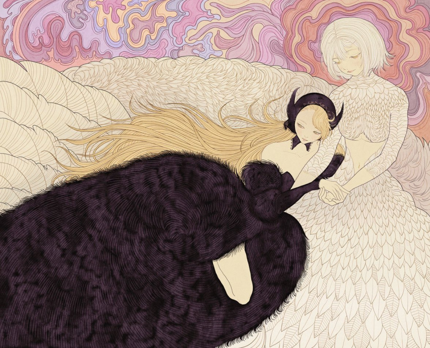 2girls, abstract_background, absurdly_long_hair, bare_shoulders, black_dress, black_headscarf, black_hood, blonde_hair