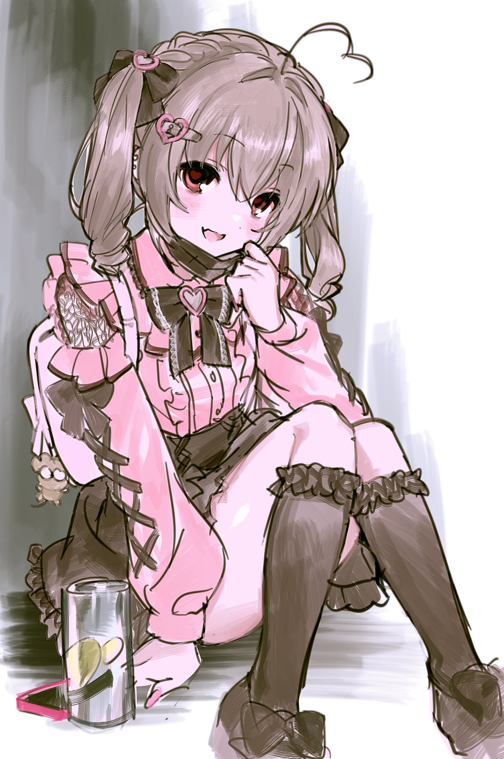 1girl, ahoge, black_bow, black_bowtie, black_shoes, black_skirt, black_socks, bow, bowtie, cellphone, center_frills, collared_shirt, cross-laced_clothes, cross-laced_sleeves, deezydays, detached_sleeves, fingernails, frilled_shirt_collar, frills, grey_hair, hair_between_eyes, hair_ornament, hair_ribbon, hairclip, heart, heart-shaped_pupils, heart_ahoge, heart_hair_ornament, high-waist_skirt, highres, jirai_kei, kneehighs, lemonade, long_fingernails, long_hair, long_sleeves, mask, mouth_mask, nail_polish, original, phone, pink_nails, pink_shirt, red_eyes, ribbon, shirt, shoes, sitting, sketch, skirt, smartphone, socks, solo, symbol-shaped_pupils, twintails